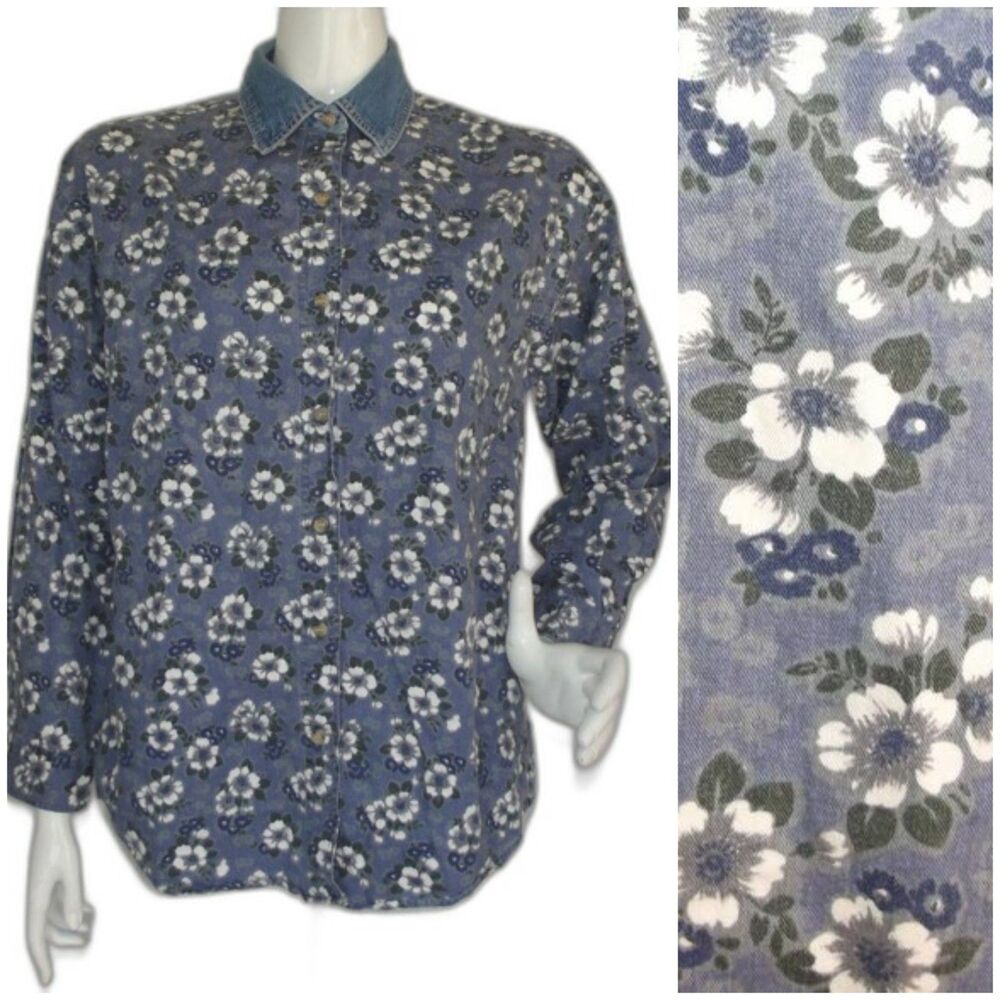 ROUTE 66 Denim Shirt-Jacket, S, Blue Floral, Accent collar, Long sleeve, Buttons